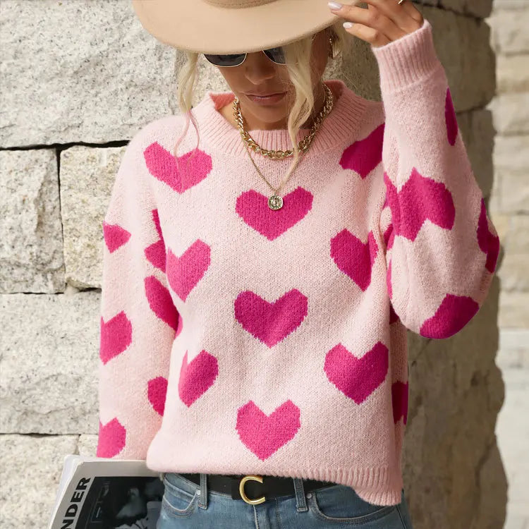 Sweet And Caring Women's Long Sleeved Sweater - Valentine's Day Casual Pink Sweater Round Neck