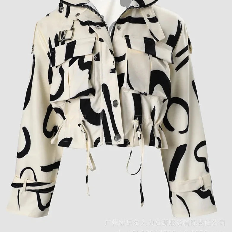 Geometric Jackets Top - Vintage Print Long Sleeve Button Jacket