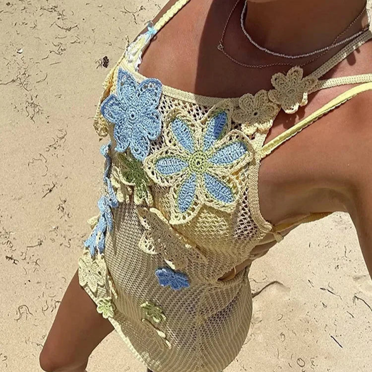 Colorful Floral Knitted Mini Dress For Women Summer Hollow Out Crochet Beach Party Short Dresses