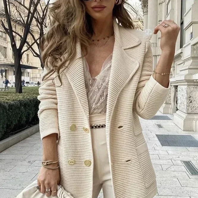 Women Double Breasted Button Solid Color Autumn Winter Blazer Jacket Fashion Casual Long Sleeve Coat Cardigan