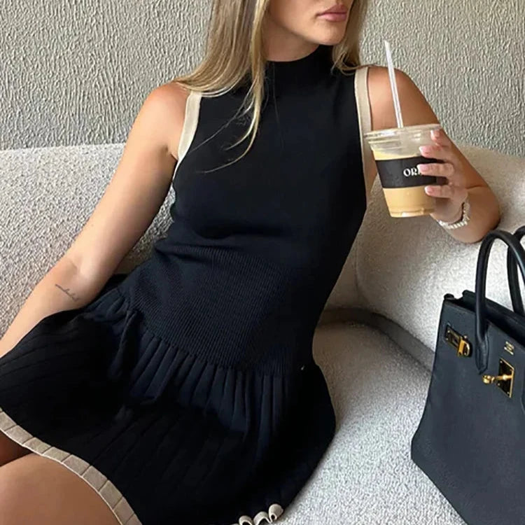 Knitted Sexy Round Neck Pleated Women Dress - White or Black Sleeveless High Waist Dress - Skinny Casual Sporty Dress