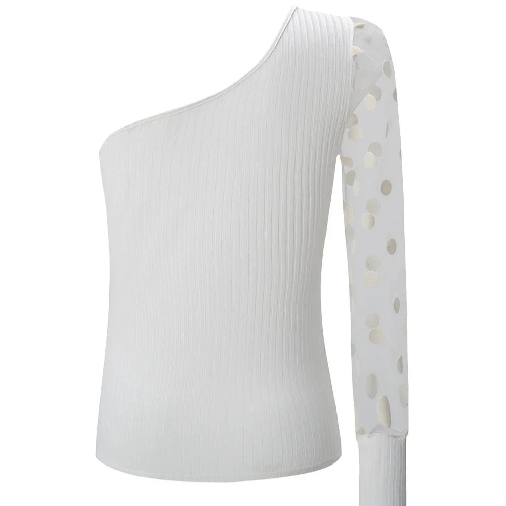 Slanted Shoulder Single Sleeve Polka Dots - Mesh Patchwork Long Sleeved Waist Cinched Women's Top