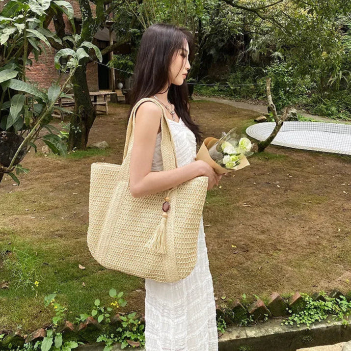 Elegant Ladies Straw Woven Handbag Women Holiday Beach Commute Casual Tote Top-Handle Bags Fashion Retro Shoulder Bags