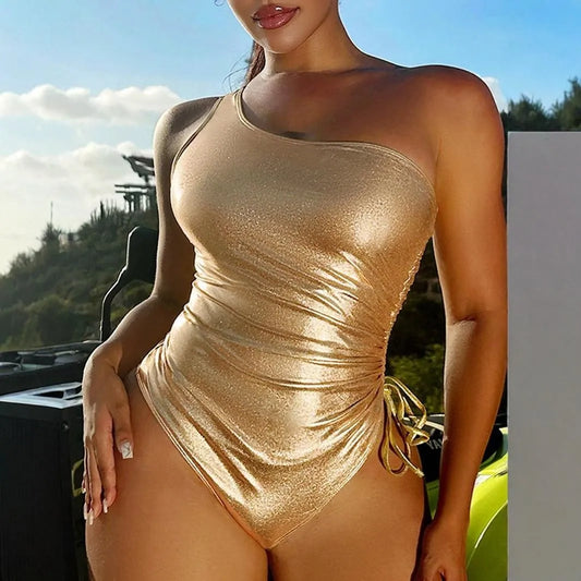 Metallic One Shoulder One Piece Swimsuit Sleeveless Wireless High Cut Summer Beach Monokini Gold