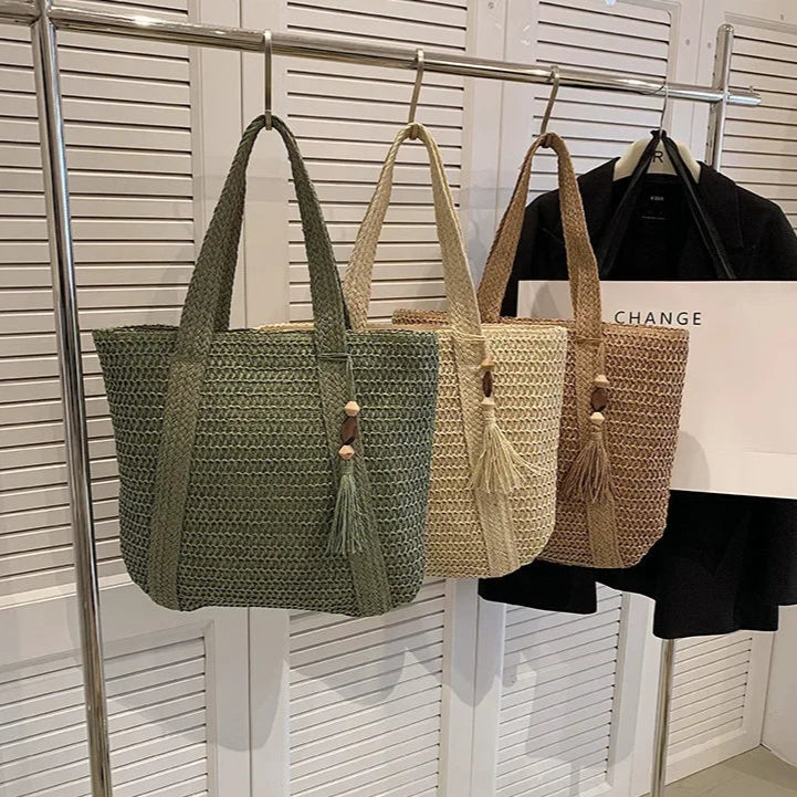 Elegant Ladies Straw Woven Handbag Women Holiday Beach Commute Casual Tote Top-Handle Bags Fashion Retro Shoulder Bags