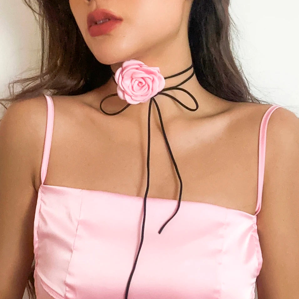 Romantic Gothic Big Rose Flower Clavicle Chain Necklace for Women Ladies Korean Fashion Adjustable Rope Choker