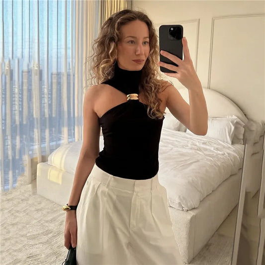 Turtleneck Basic Knit Tank Tops Women Vest Pullovers Metal Ring Camisole Sleeveless Skinny Knitted Tops