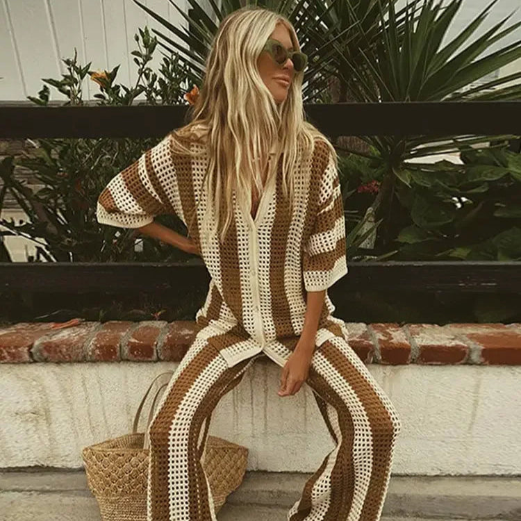 2-piece set of crochet striped shirts with V-neck, half sleeves, and wide-leg pants, summer beach vacation outfits