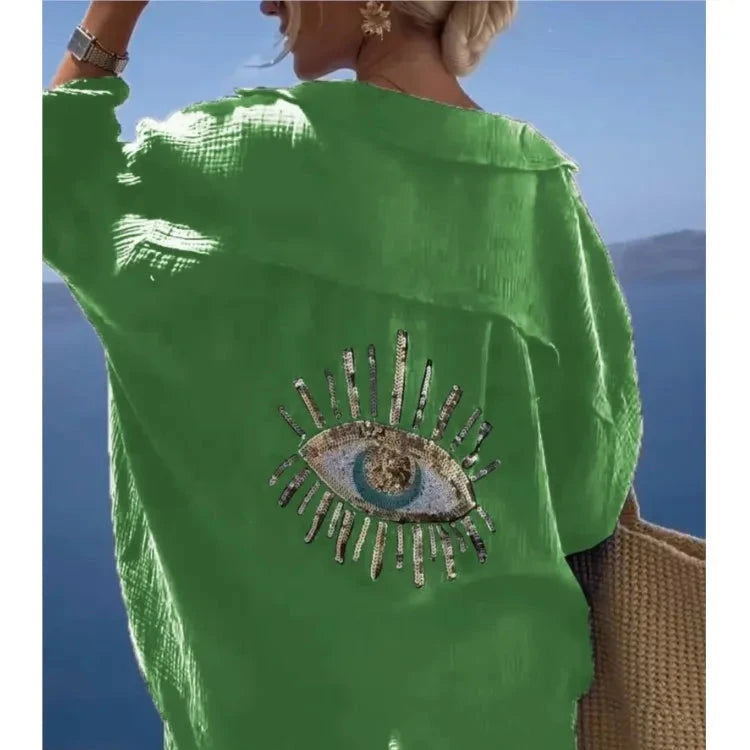 Casual Sequin Eye Shirt Dresses - Beach Style Loose Button Sun Protection - Cotton Linen Shirt Dress