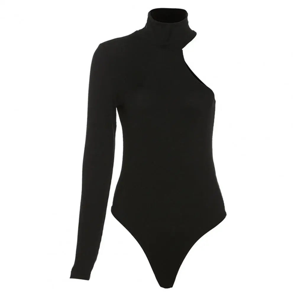 Hot Sexy One Shoulder Kintted Bodysuit Women Turtleneck Black Bodysuit Ladies Skinny Bodysuit