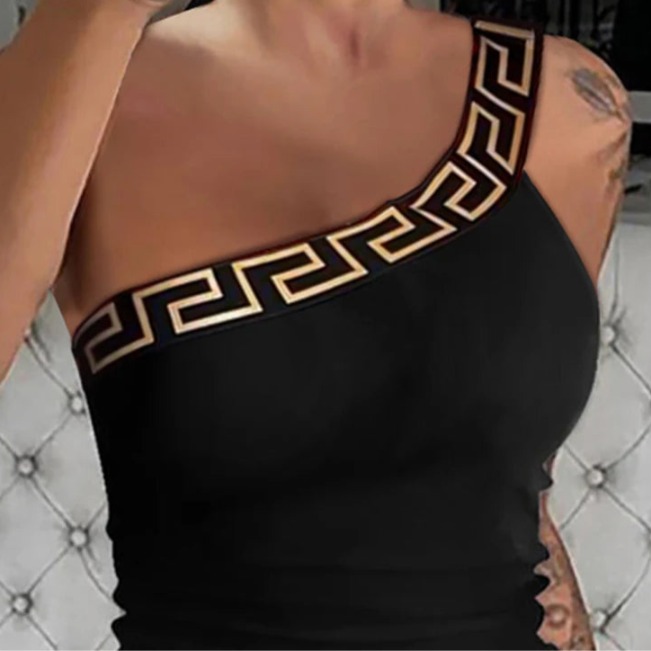Geometric Pattern One Shoulder Sleeveless - Sexy Tight Crop Tops - Black One Sleeve Top