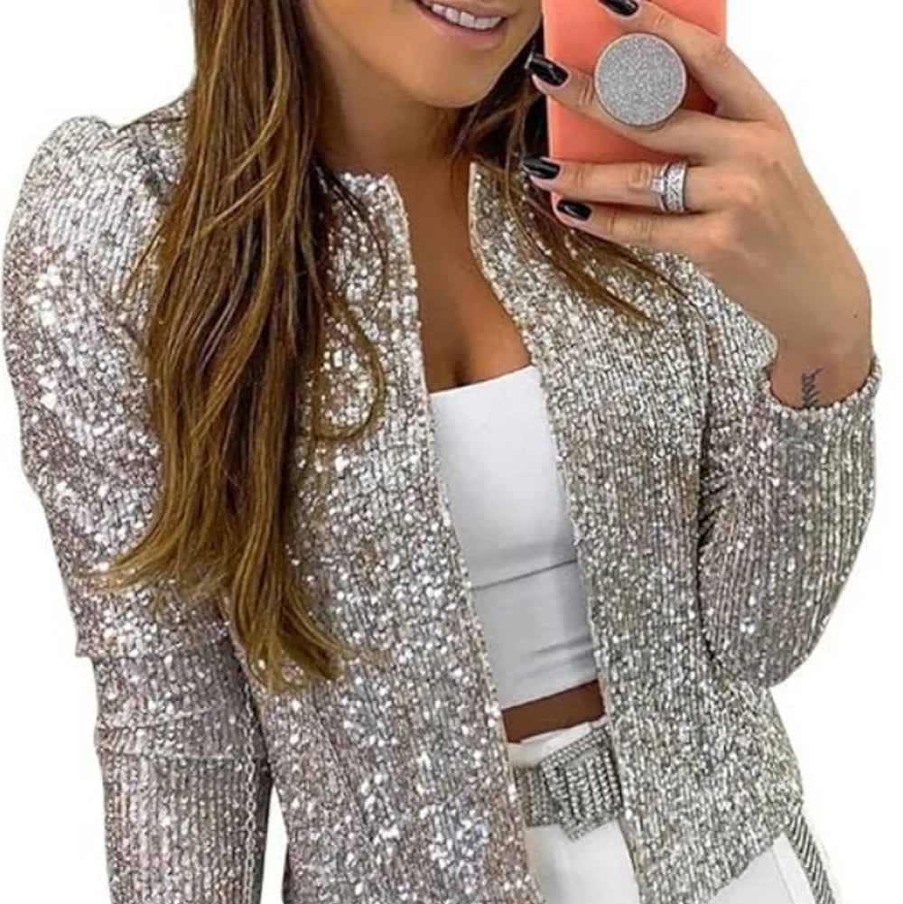 Women Glitter  Sequin Sparkle Jacket  Shiny Long Sleeve Zip Blazer