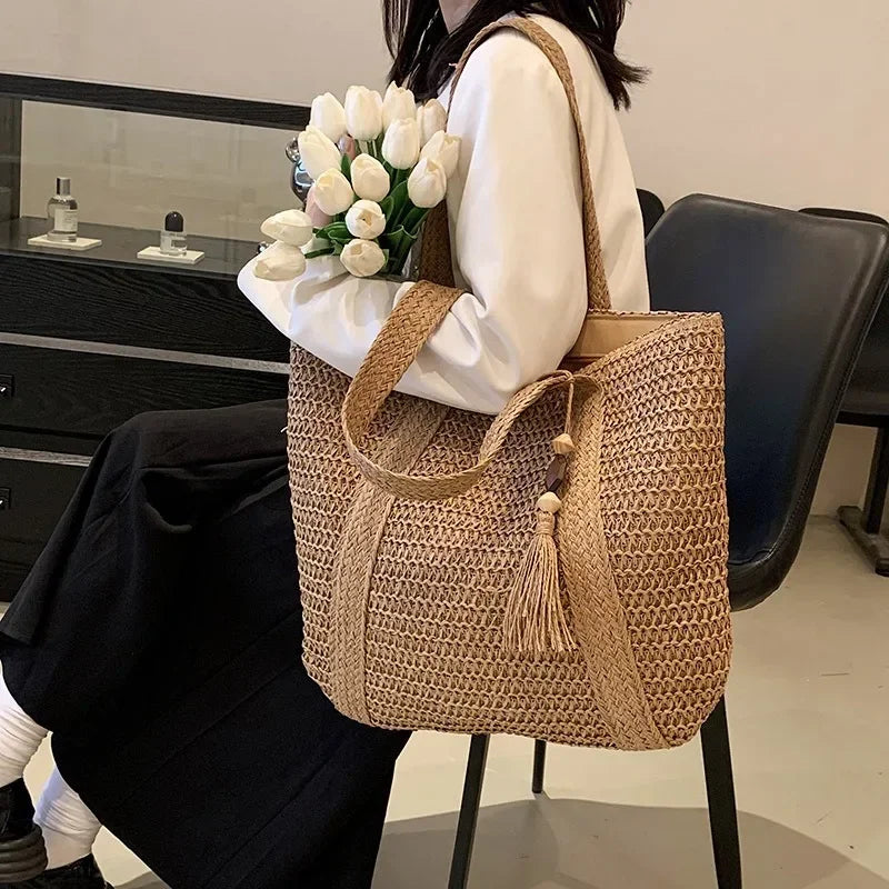 Elegant Ladies Straw Woven Handbag Women Holiday Beach Commute Casual Tote Top-Handle Bags Fashion Retro Shoulder Bags