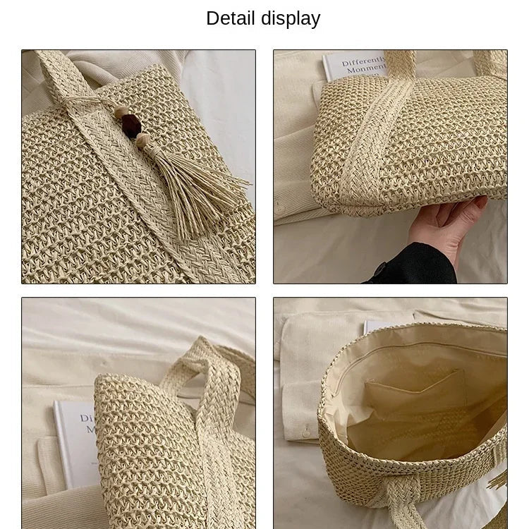 Elegant Ladies Straw Woven Handbag Women Holiday Beach Commute Casual Tote Top-Handle Bags Fashion Retro Shoulder Bags