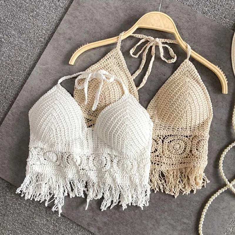 Sexy Boho Beach Holid Camisole Halter Crochet Knit Swimsuit Bra Backless Vest Hollow Tassel Tank Top Women's Crop Tops