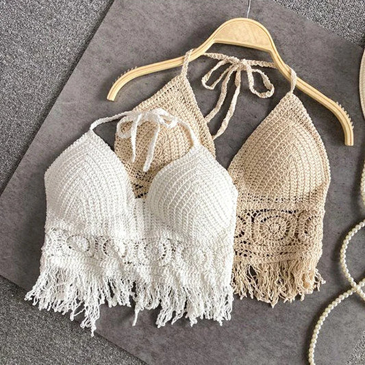 Sexy Boho Beach Holid Camisole Halter Crochet Knit Swimsuit Bra Backless Vest Hollow Tassel Tank Top Women's Crop Tops