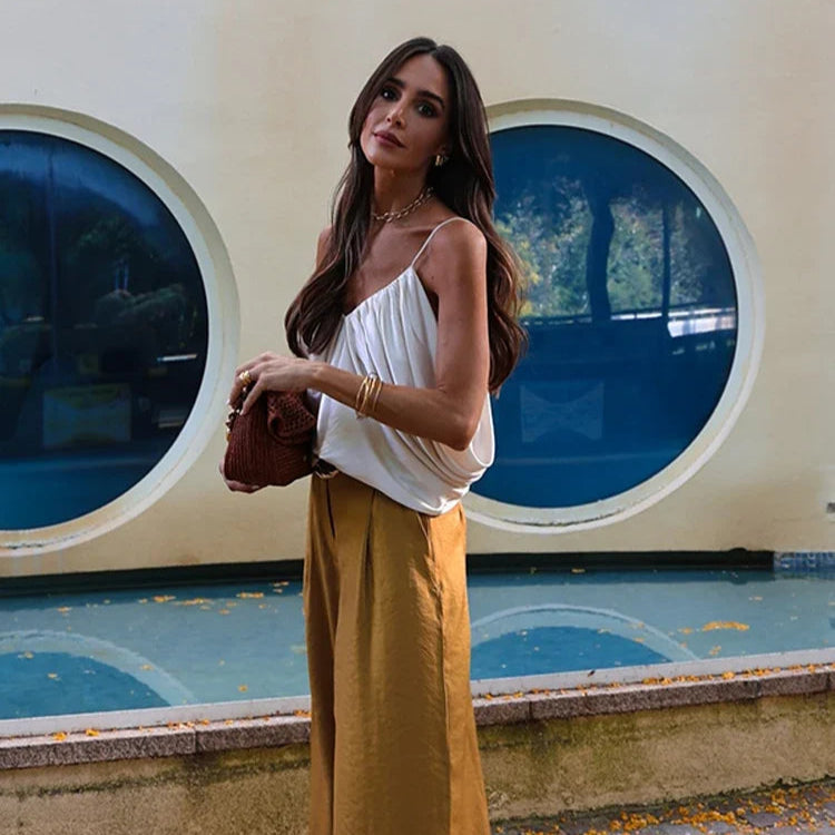 Elegant Women Vest Pants Set Solid Sling V-neck Backless Tops Belt Zipper Wide Leg Long Trouser Lady Suit