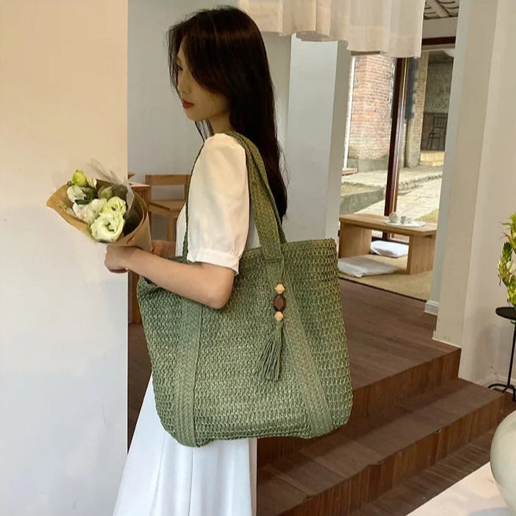 Elegant Ladies Straw Woven Handbag Women Holiday Beach Commute Casual Tote Top-Handle Bags Fashion Retro Shoulder Bags