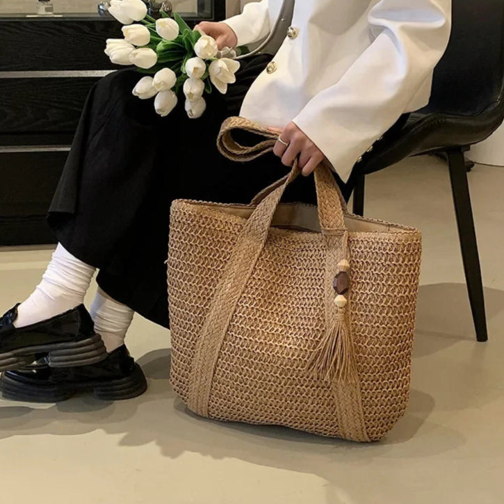 Elegant Ladies Straw Woven Handbag Women Holiday Beach Commute Casual Tote Top-Handle Bags Fashion Retro Shoulder Bags