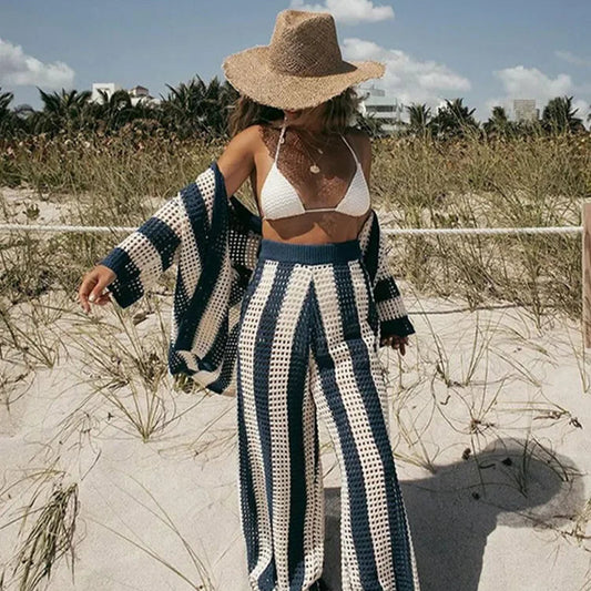 2-piece set of crochet striped shirts with V-neck, half sleeves, and wide-leg pants, summer beach vacation outfits
