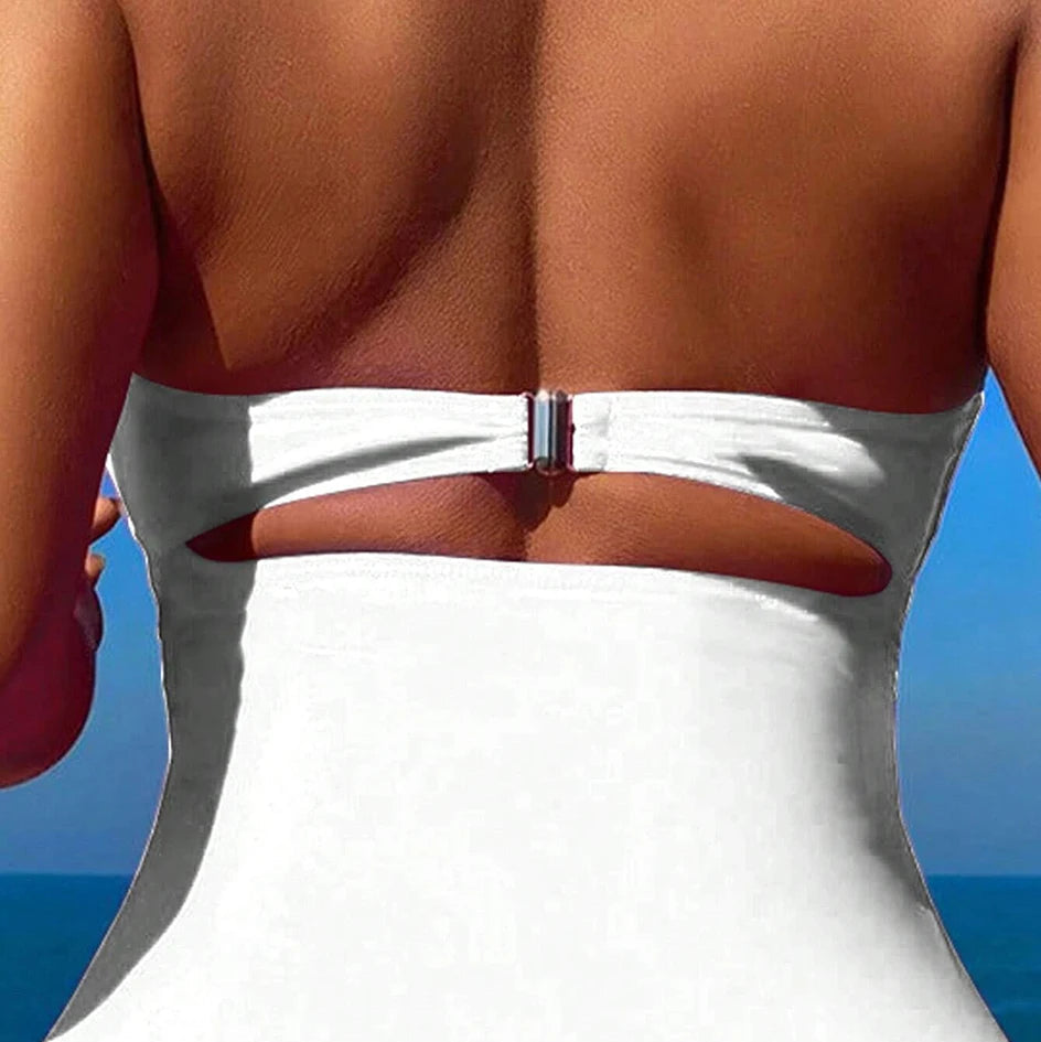 Drawstring One-piece Women Swimsuit Female High Waisted Bikini Bandeau Halter Bathing Suit Swimming for Monokini
