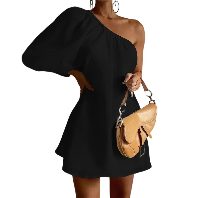 Off Shoulder Cotton Linen Mini Dress - Elegant White Party Mini Dress with One Shoulder Sleeves