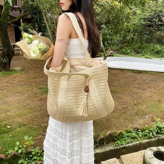 Elegant Ladies Straw Woven Handbag Women Holiday Beach Commute Casual Tote Top-Handle Bags Fashion Retro Shoulder Bags