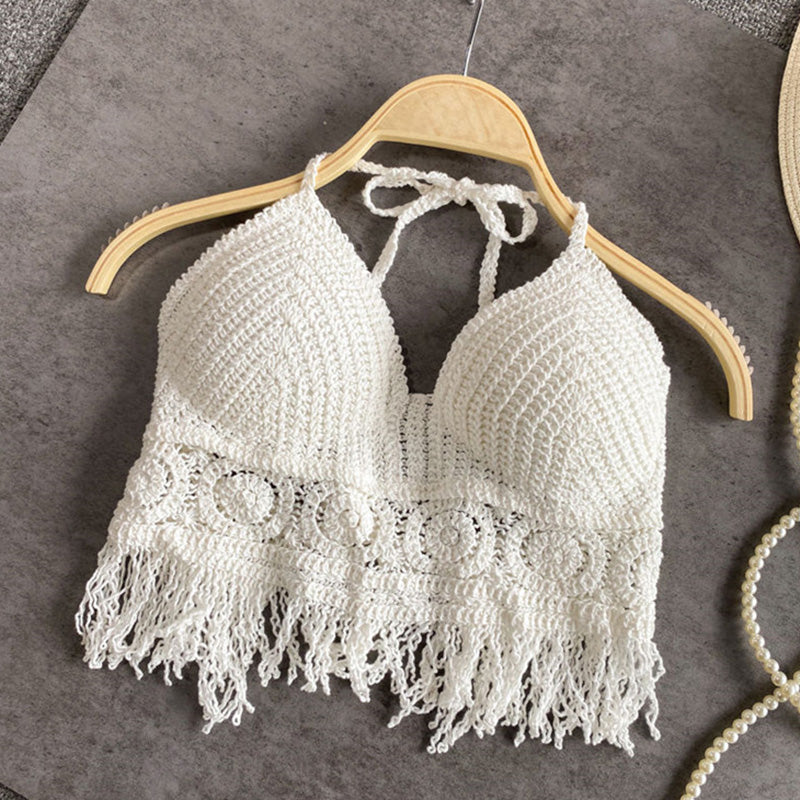 Sexy Boho Beach Holid Camisole Halter Crochet Knit Swimsuit Bra Backless Vest Hollow Tassel Tank Top Women's Crop Tops