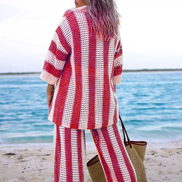2-piece set of crochet striped shirts with V-neck, half sleeves, and wide-leg pants, summer beach vacation outfits