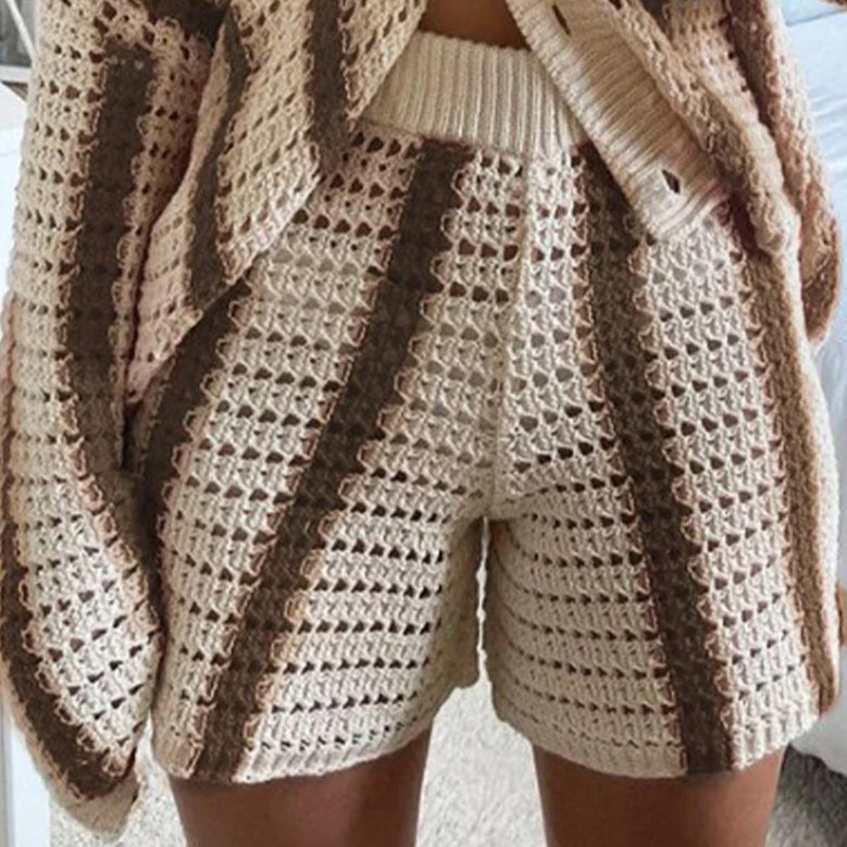 2-piece set of crochet striped shirts with V-neck, half sleeves, and wide-leg pants, summer beach vacation outfits