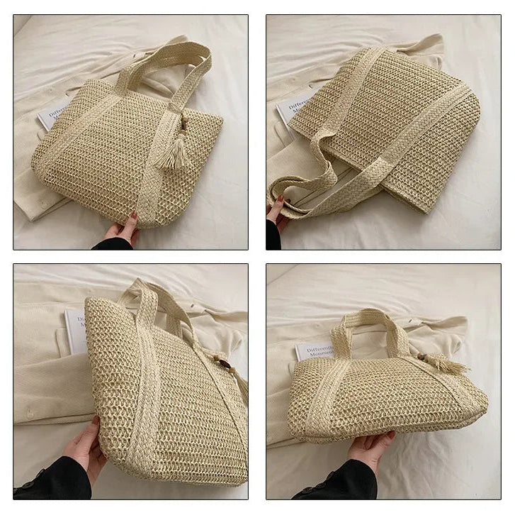 Elegant Ladies Straw Woven Handbag Women Holiday Beach Commute Casual Tote Top-Handle Bags Fashion Retro Shoulder Bags