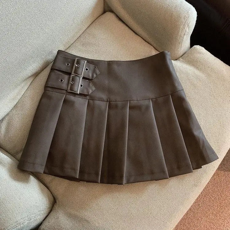 Coffee leather skirt for women, high waisted A-line pleated short skirt, fashionable and trend