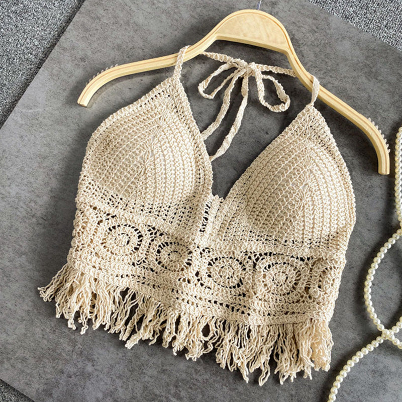 Sexy Boho Beach Holid Camisole Halter Crochet Knit Swimsuit Bra Backless Vest Hollow Tassel Tank Top Women's Crop Tops