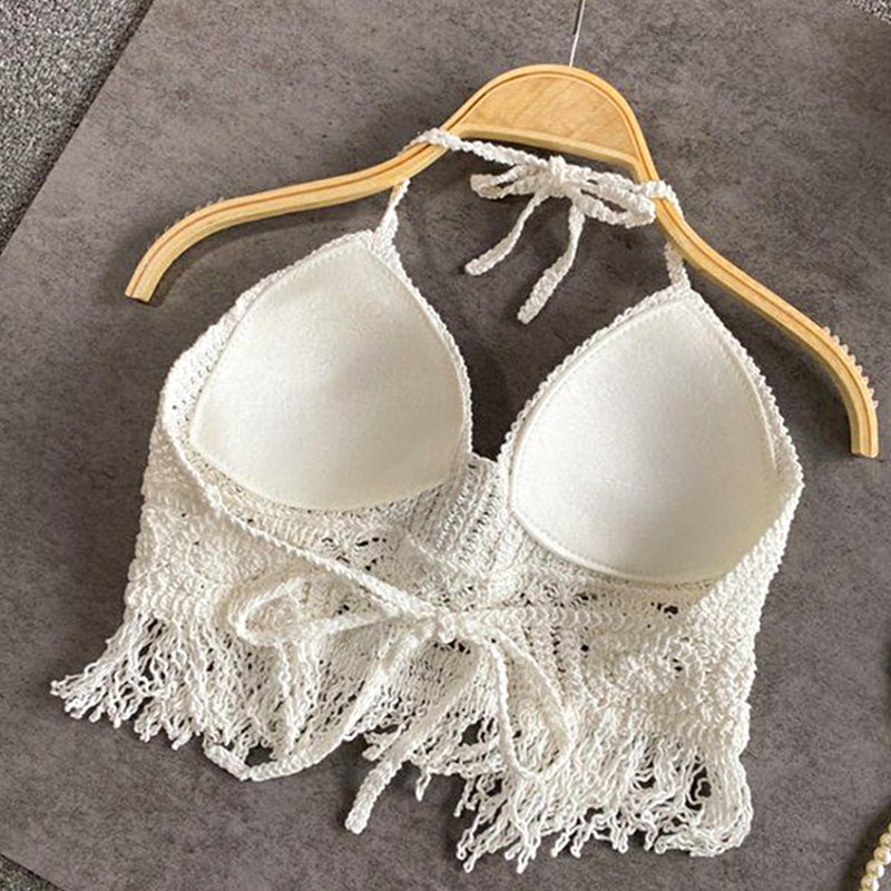 Sexy Boho Beach Holid Camisole Halter Crochet Knit Swimsuit Bra Backless Vest Hollow Tassel Tank Top Women's Crop Tops