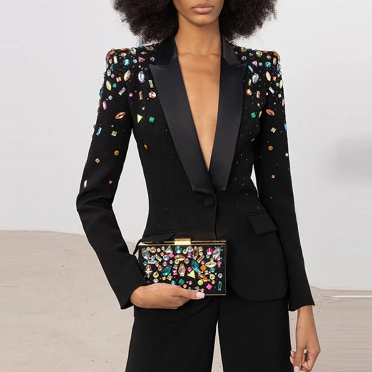 White PantSuits Women handmade Beading Color Diamond Sequined Elegant Two Piece Sets Flare Pants Trousers Set Punk Suit