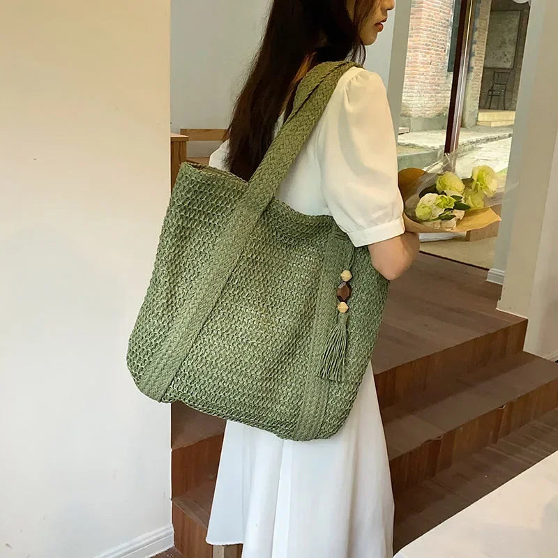 Elegant Ladies Straw Woven Handbag Women Holiday Beach Commute Casual Tote Top-Handle Bags Fashion Retro Shoulder Bags