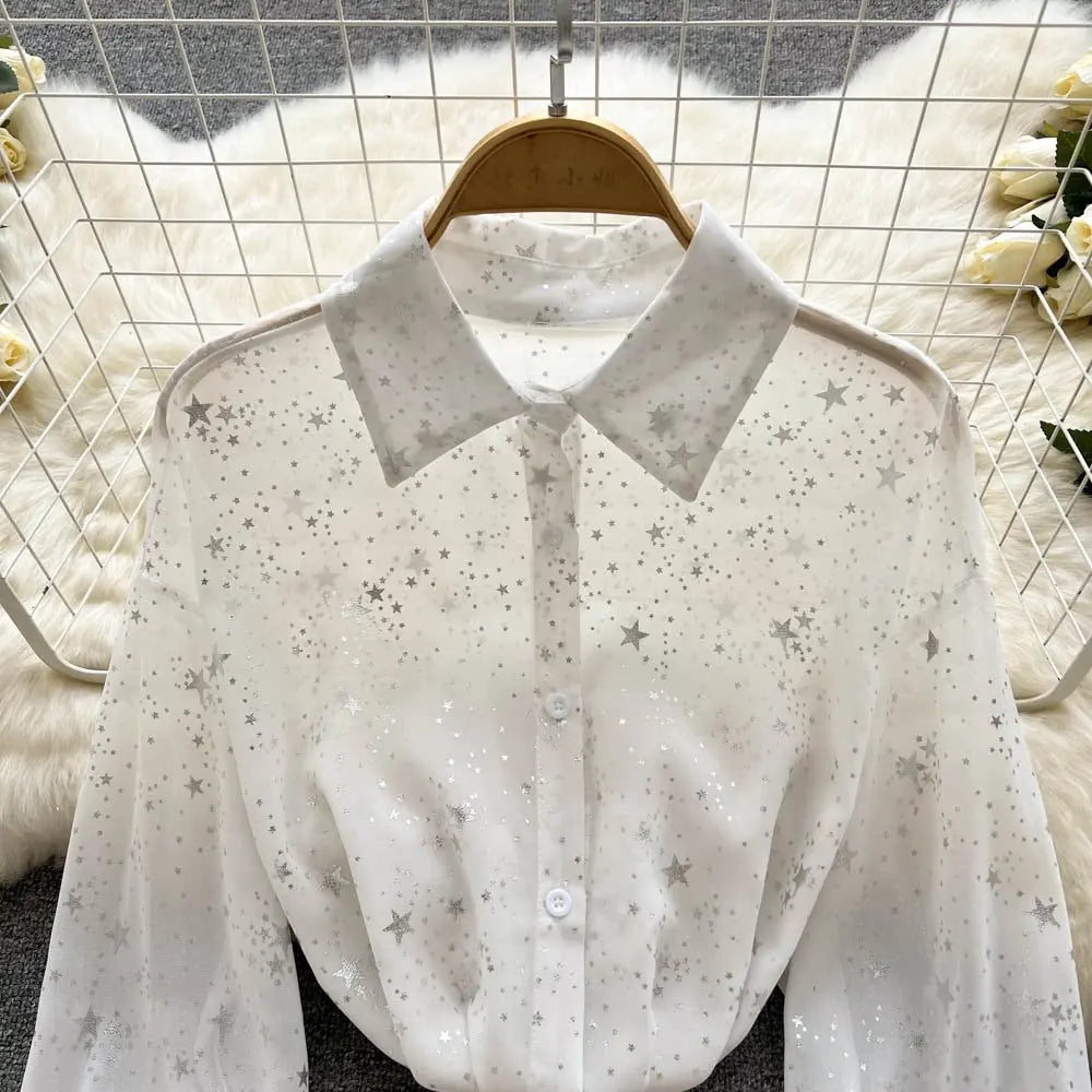 Sequins Lapel Shirt Women - Elegant Loose Long Sleeve Transparent Blose - Casual Shine Blouse