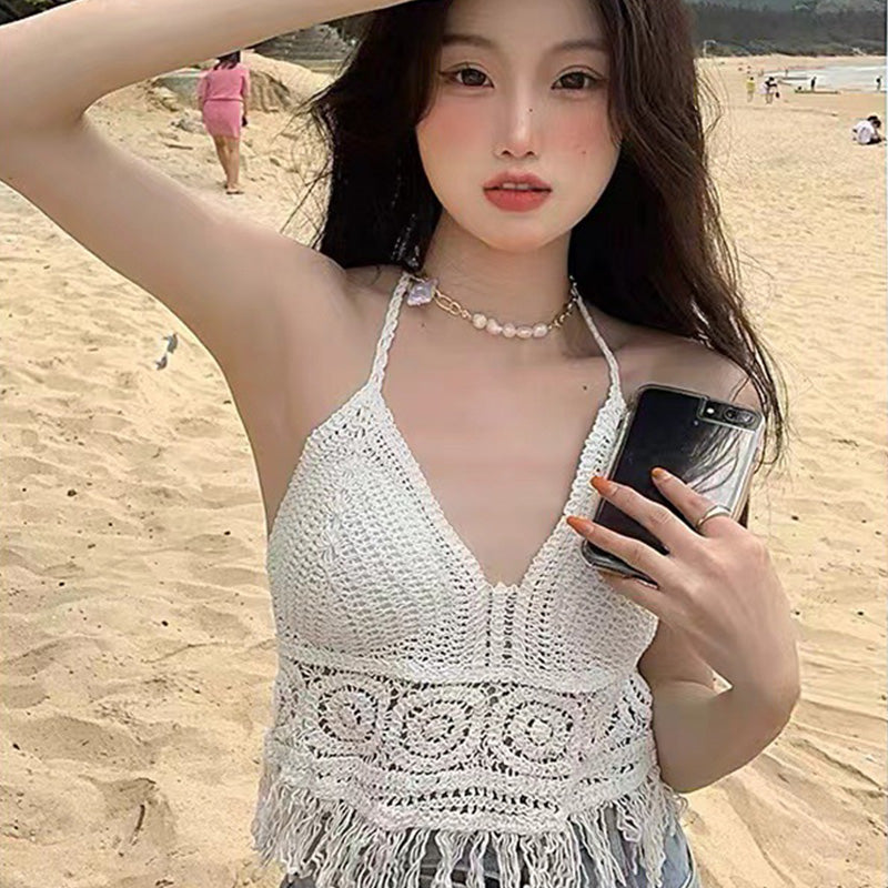 Sexy Boho Beach Holid Camisole Halter Crochet Knit Swimsuit Bra Backless Vest Hollow Tassel Tank Top Women's Crop Tops