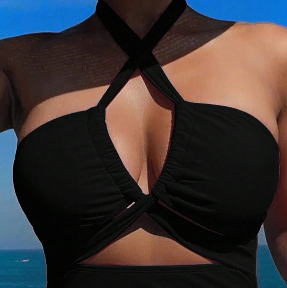 Drawstring One-piece Women Swimsuit Female High Waisted Bikini Bandeau Halter Bathing Suit Swimming for Monokini