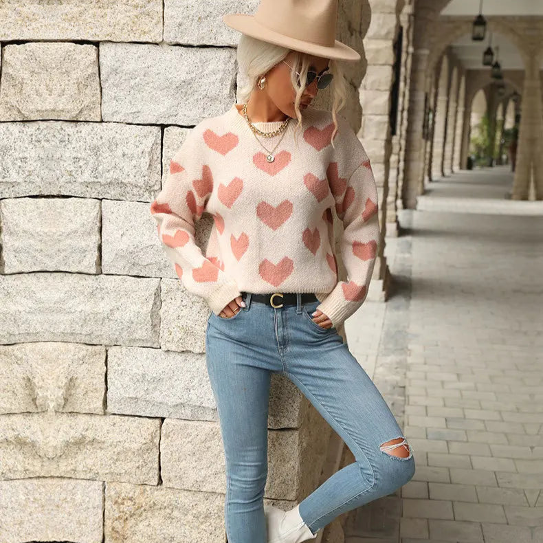 Sweet And Caring Women's Long Sleeved Sweater - Valentine's Day Casual Pink Sweater Round Neck