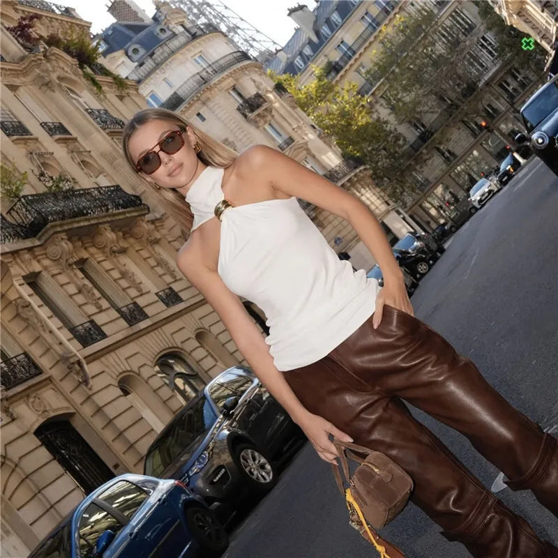 Turtleneck Basic Knit Tank Tops Women Vest Pullovers Metal Ring Camisole Sleeveless Skinny Knitted Tops