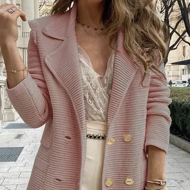 Women Double Breasted Button Solid Color Autumn Winter Blazer Jacket Fashion Casual Long Sleeve Coat Cardigan
