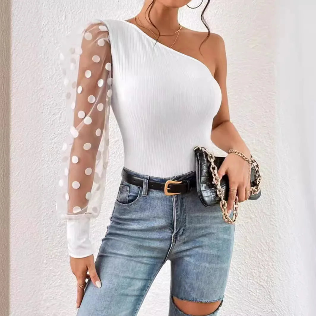 Slanted Shoulder Single Sleeve Polka Dots - Mesh Patchwork Long Sleeved Waist Cinched Women's Top
