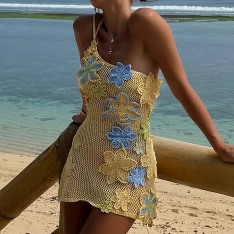Colorful Floral Knitted Mini Dress For Women Summer Hollow Out Crochet Beach Party Short Dresses