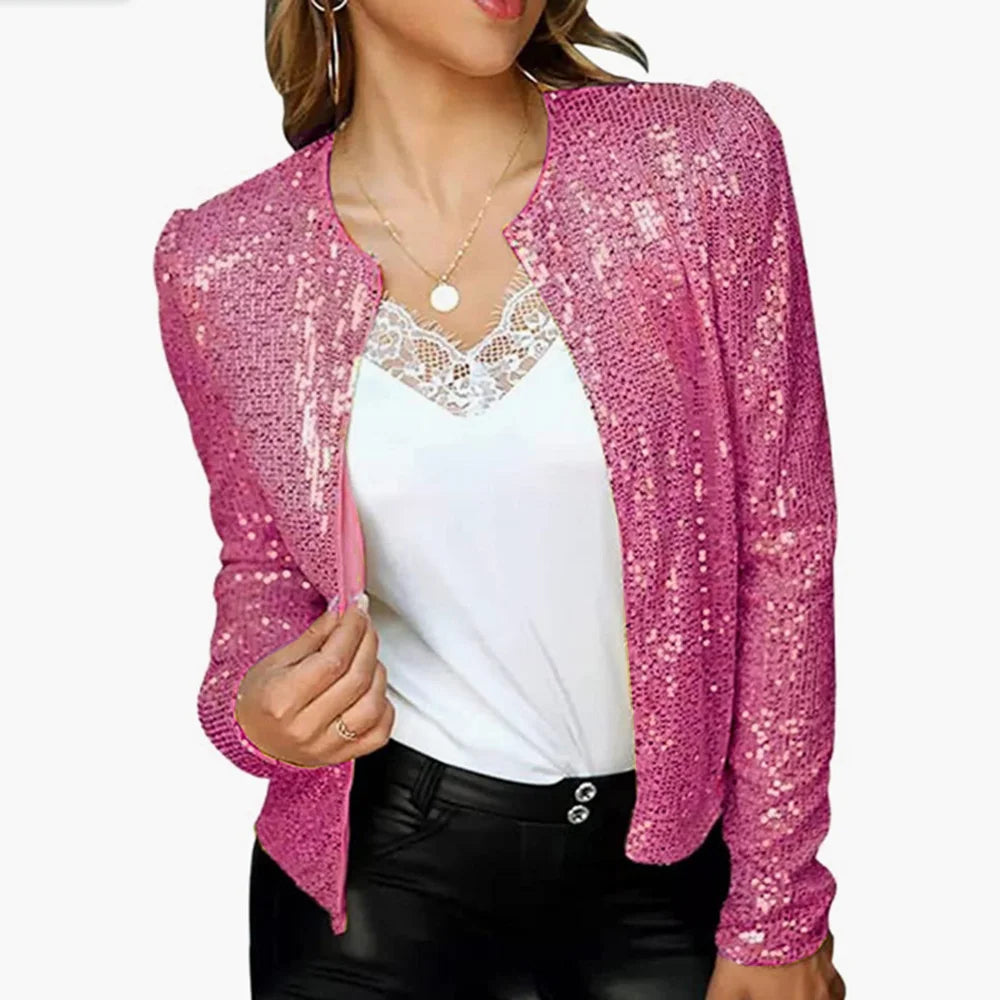 Women Glitter  Sequin Sparkle Jacket  Shiny Long Sleeve Zip Blazer