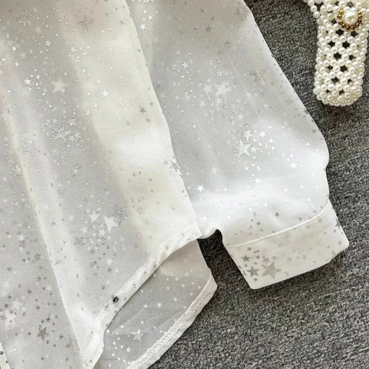 Sequins Lapel Shirt Women - Elegant Loose Long Sleeve Transparent Blose - Casual Shine Blouse