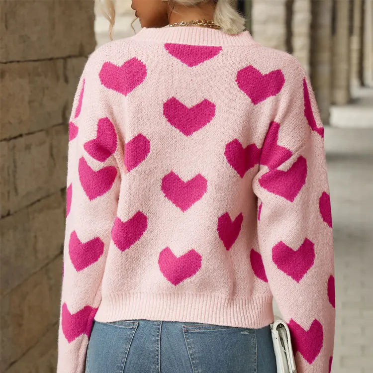 Sweet And Caring Women's Long Sleeved Sweater - Valentine's Day Casual Pink Sweater Round Neck