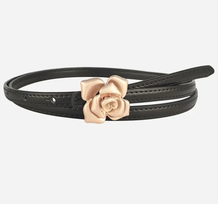 New Unique Rose Genuine Leather Gold Belt Women Fashion Cowskin Flower Thin Belts Female Jeans Dress Waistband
