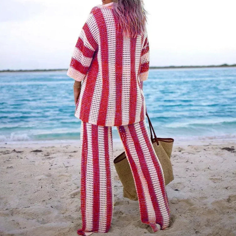 2-piece set of crochet striped shirts with V-neck, half sleeves, and wide-leg pants, summer beach vacation outfits