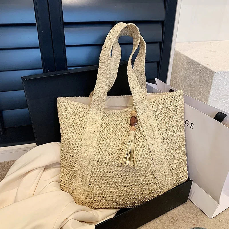 Elegant Ladies Straw Woven Handbag Women Holiday Beach Commute Casual Tote Top-Handle Bags Fashion Retro Shoulder Bags